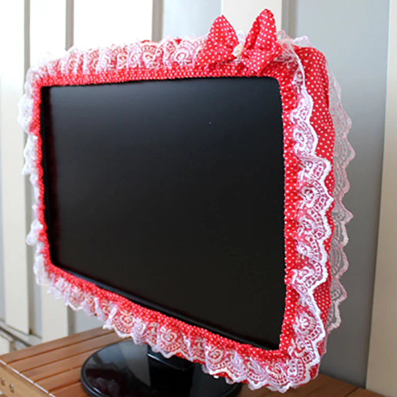 Lace Fabric Computer Frame Cover, Monitor Screen Dust Cover, Elastic Pen Pocket Bow