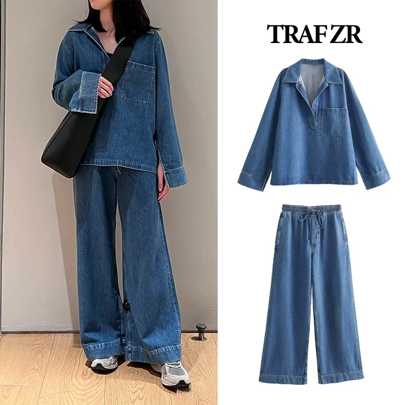 TRAF ZR-Jeans e calças jeans para mulheres, ternos de moda, 2 peças, conjuntos de correspondência, Y2K, grupos, novo, 2024