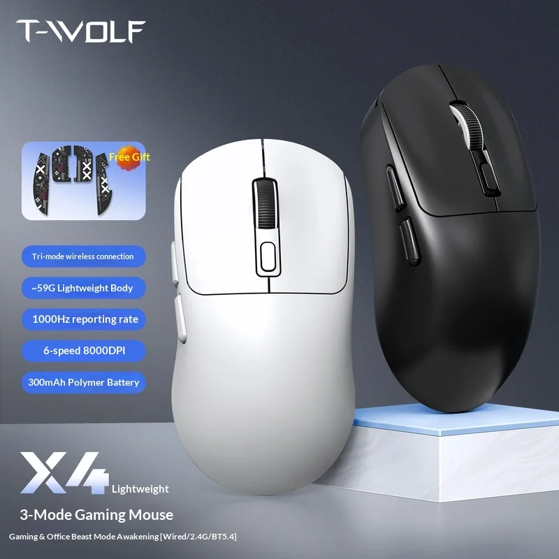 

Игровая мышь T-Wolf X4, трехрежимная, беспроводная, Bluetooth, перезаряжаемая, бесшумная, частота опроса 1000 Гц, легкая, 6 кнопок, для ПК-геймеров