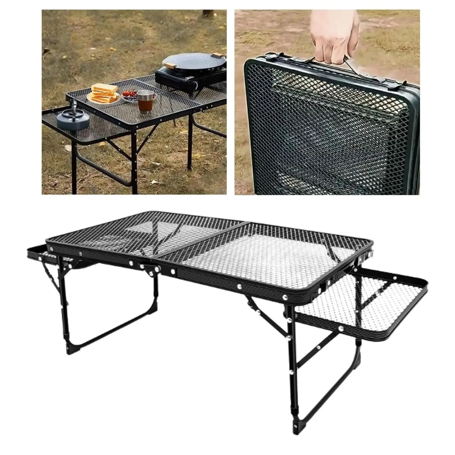 Folding Table with 2 Wing Panels Camping Table with Mesh Desktop Height Adjustable Grill Table Portable Outdoor for Picnic BBQ