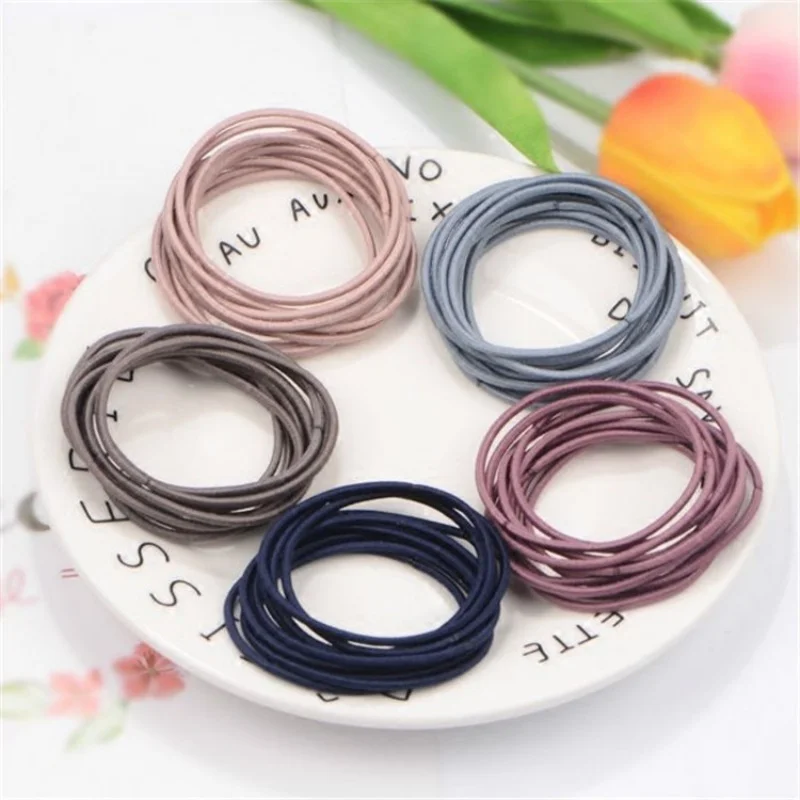 100pcs 2mm Thick Super Fine Colourful Headbands High Elasticity Basic Base Base Hair Bands Kids Hair Ties Rubber Bands Leather