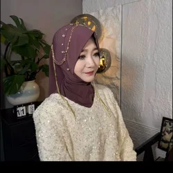 체인 라인스톤 무슬림 신부 파티 히잡 공주 스타일