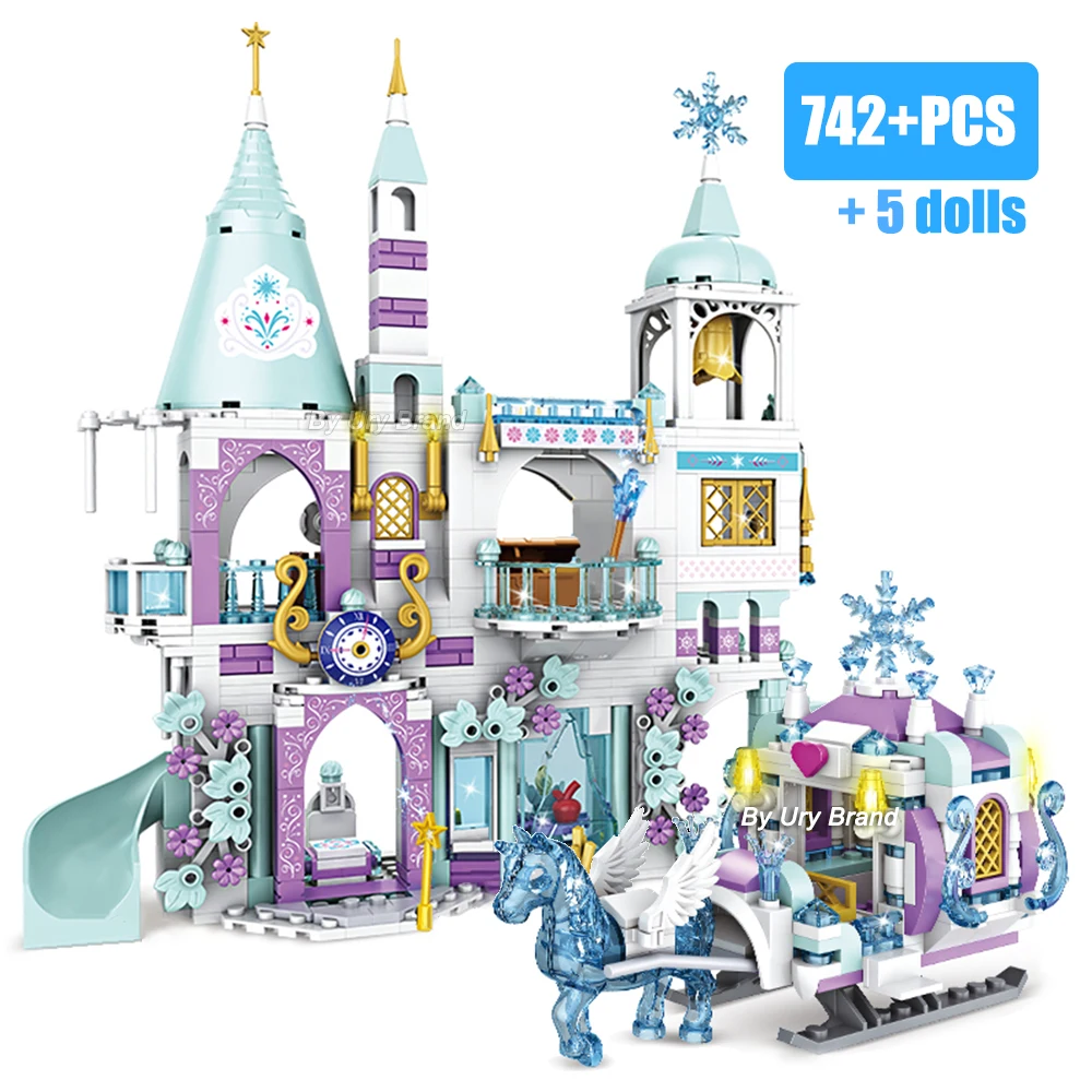 SLUBAN Freunde Prinzessin Luxus Eis Burgen Spielplatz Haus Filme Winter Schnee Pferd Figuren Bausteine Set Spielzeug für Mädchen DIY Geschenk 3