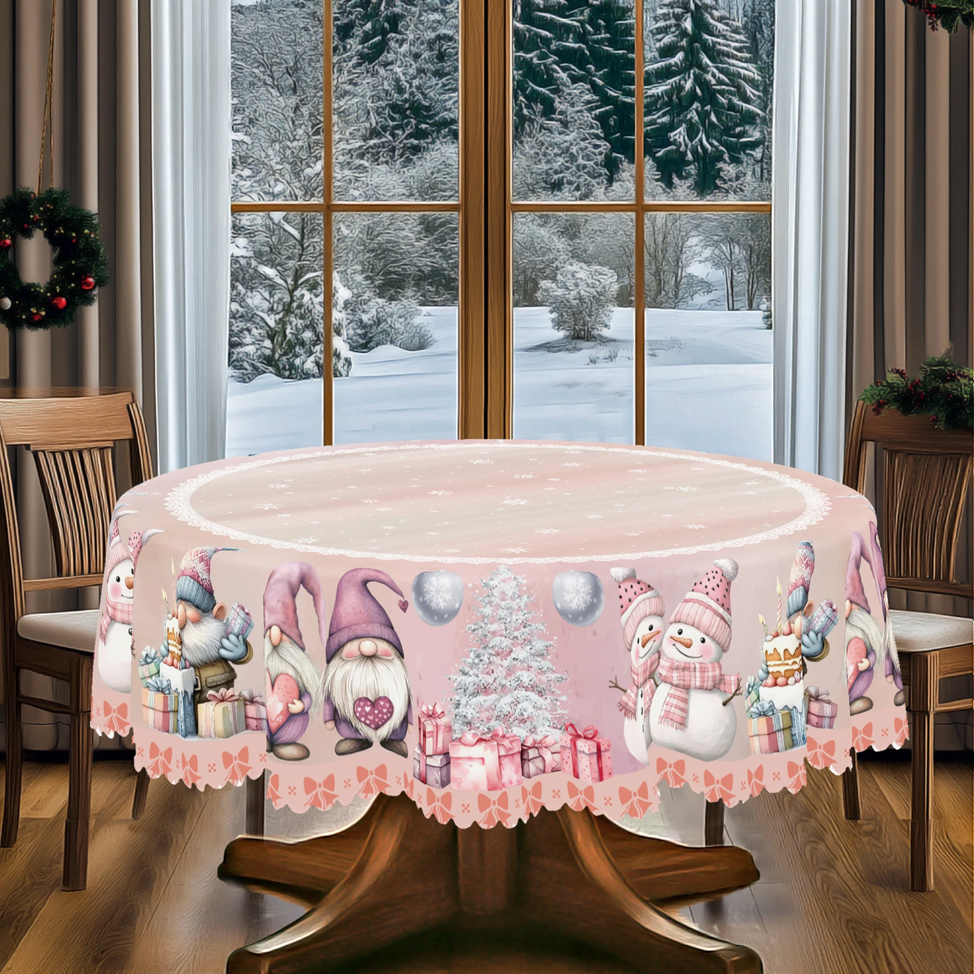 1-delig rond en rechthoekig tafelkleed met kerstthema, verkrijgbaar in verschillende maten, met kerstroze sneeuwpoppen en bosprintpatronen, sneeuwvloktafelkleed geschikt voor dagelijks gebruik in de keuken, terras en een nieuwjaarscadeau