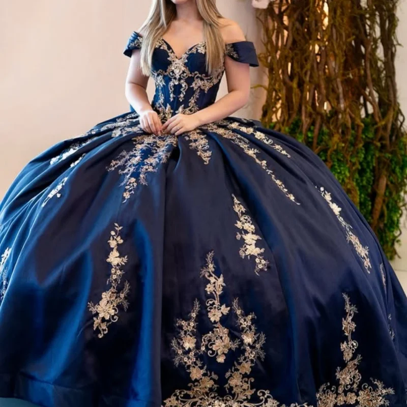 

Customized luxury dark blue Quinceanera Dresses Off the Shoulder crystal decal 3D flower Long tail Bow Vestido 15 Quinceanera