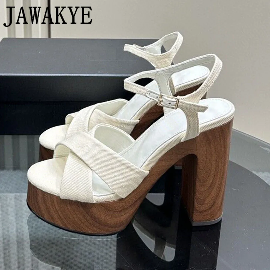 Wooden Effects Block Heel Summer Platform Sandals Genuine Leather Lux Shoes Women's High Heeled Sandals Party Shoes