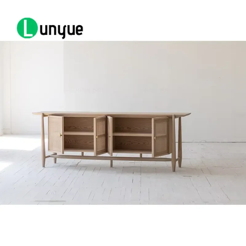 Natural Bohemian Rattan Sideboard Oak TV Cabinet Organic Entertainment Console Storage Locker Accent Furniture for Living