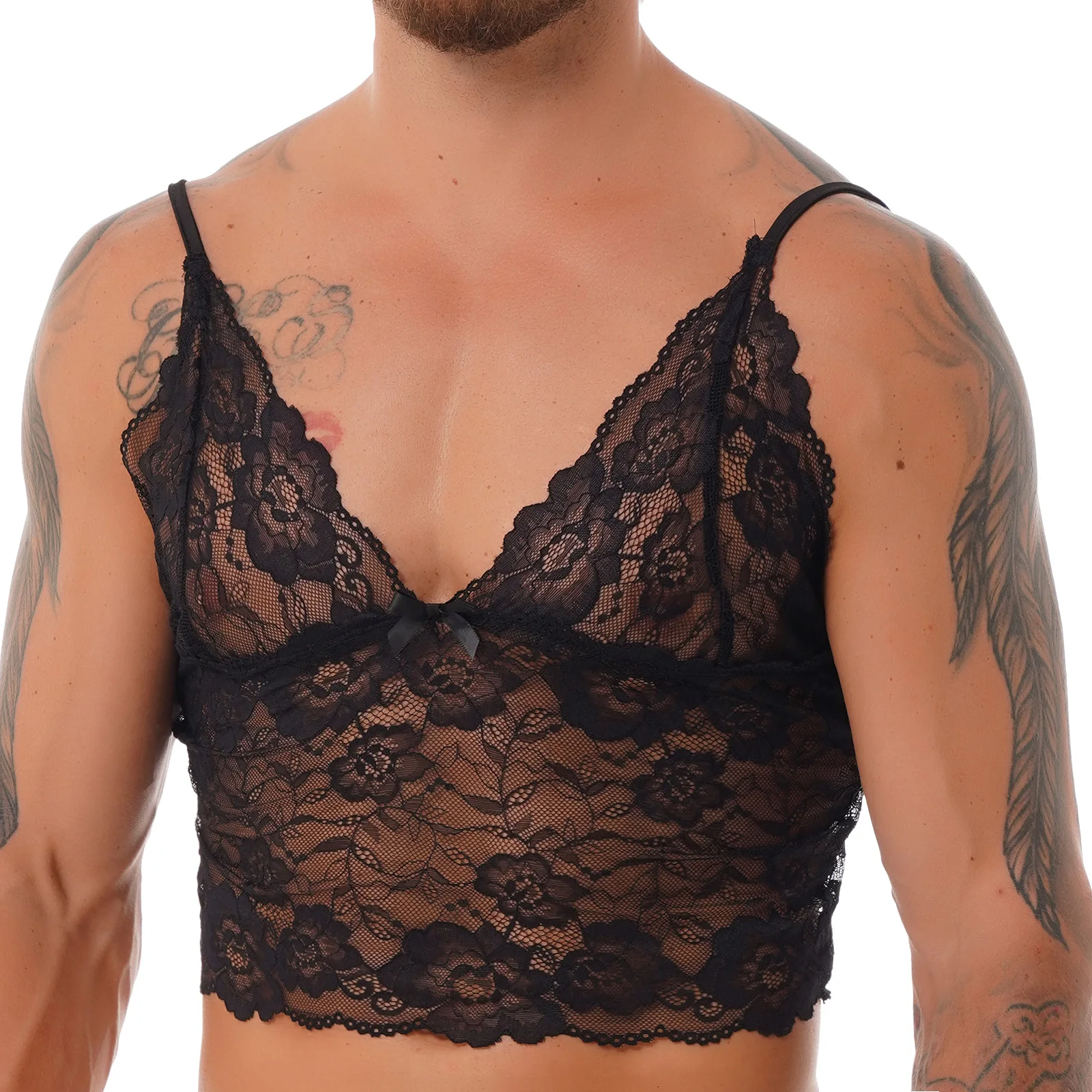 Sexy Erotic Lingerie Mens Sissy Lace See Through Tank Top Adjustable Straps Deep V Neck Black Camisole Vest Crop Top Nightwear