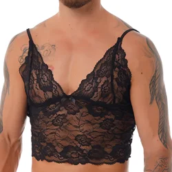 Sexy Erotic Lingerie Mens Sissy Lace See Through Tank Top Adjustable Straps Deep V Neck Black Camisole Vest Crop Top Nightwear