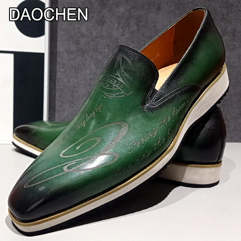 luxury men's handmade casual shoes green Laser pattern dress shoes for men slip-on comfortable sneakers genuine leather loafer