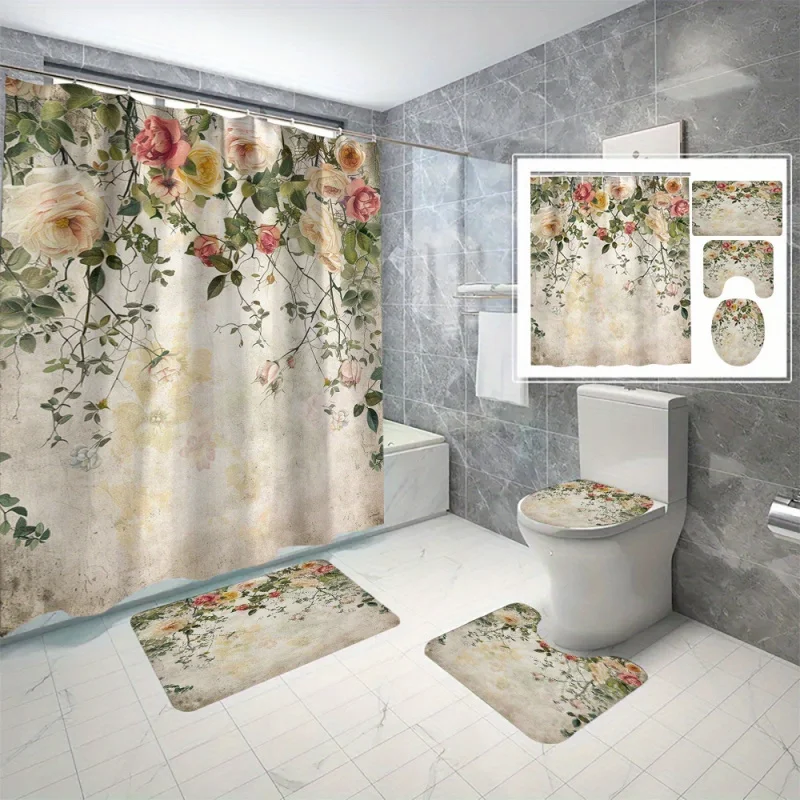 4PCs vintage rose shower curtain set, digital print bathroom curtains with 12 C-type hooks, Easy Install, no drilling required,