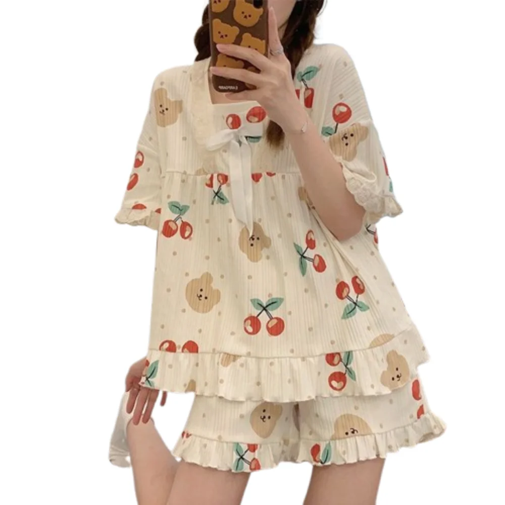

Fashion Korean Women‘s Pajamas Set with Chest Pads Sweet Short-Sleeved Pajamas Cute Homewear Two-Piece Nightwear Girls