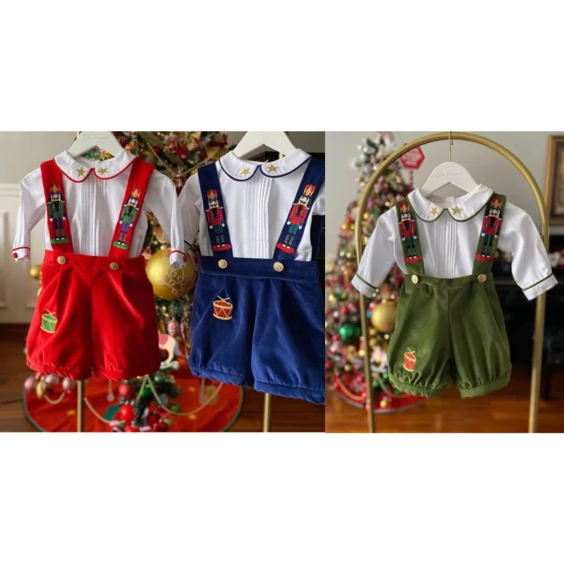 0-6Y Baby Boy Set Autumn Winter Red Blue Velvet Nutcracker Embroidery Vintage for Eid Causal Christmas C47