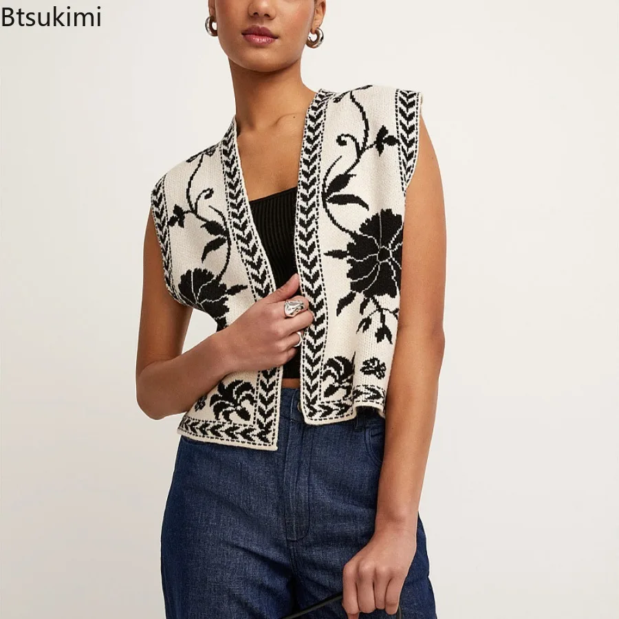 

Women's Fashion Knit Vest Elegant Sleeveless Open Front Creativity Vintage Flower Loose Vest Autumn New Tops for Casual Daily