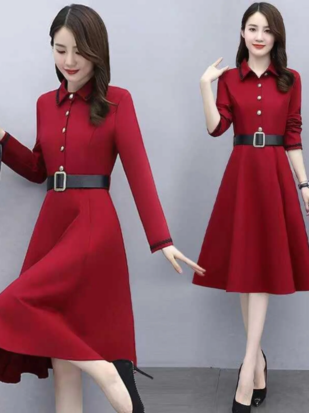 

plus Size Long Sve Dr for Women Autumn Season Korean Sle Slim Fit A-Line Skirt Collar mid Waist