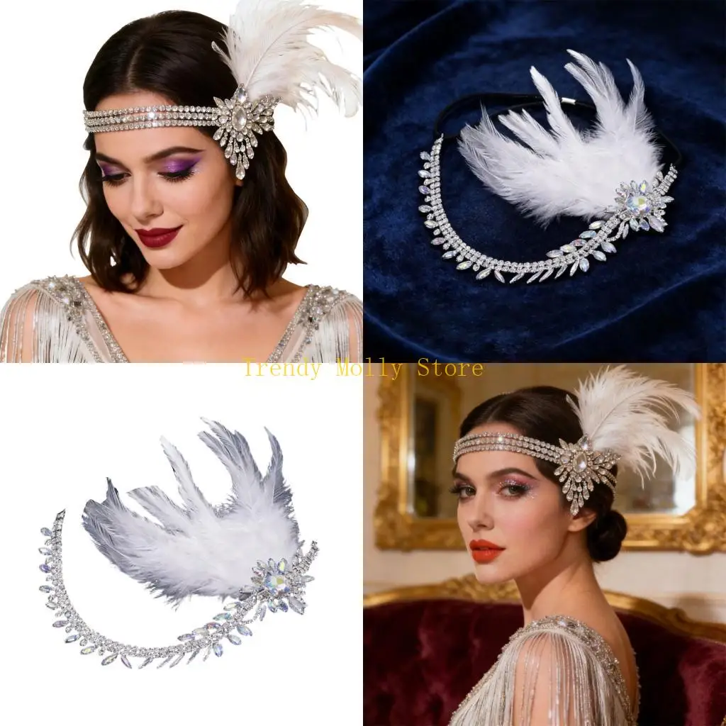 

N5KB Exaggerated Rhinestones Headband Flapper Costume Hair Chain For Parties