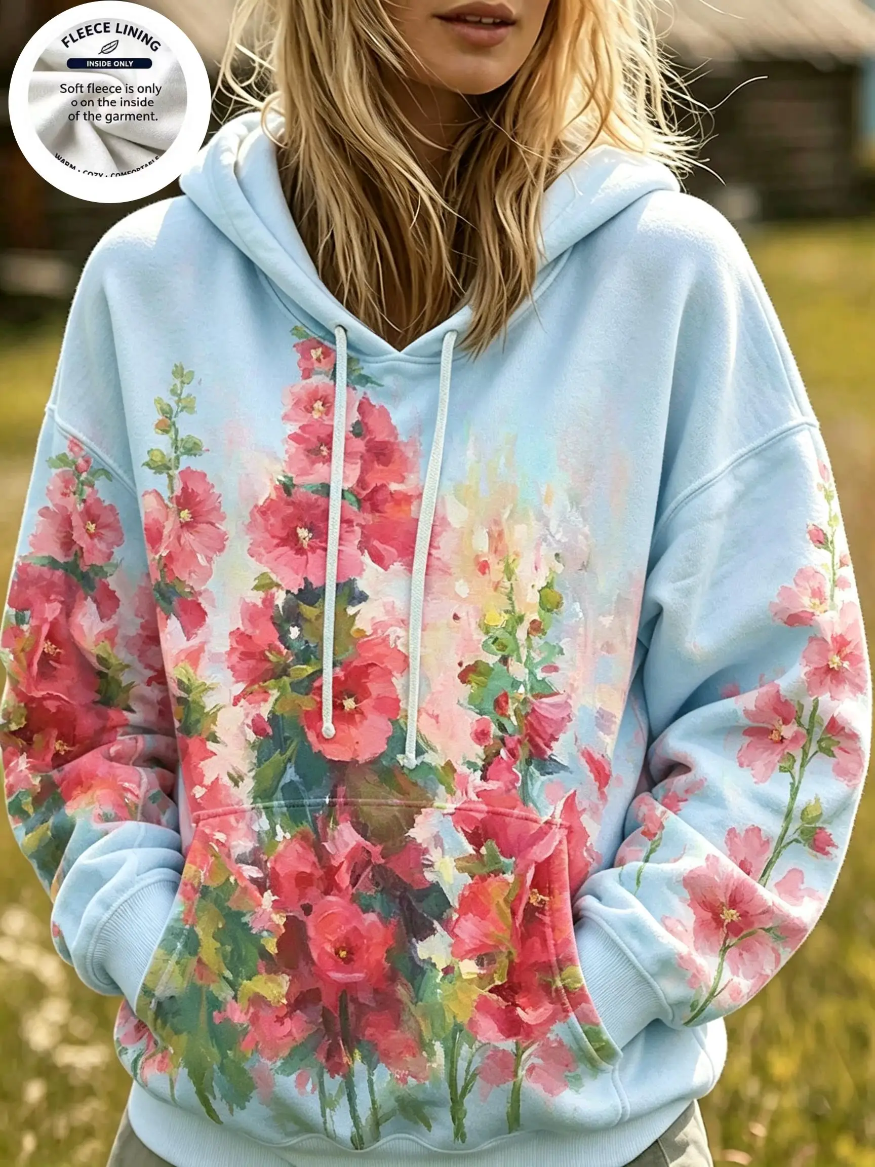 Women Watercolor Wildflower Fleece Hoodie Floral Art Print Casual Long Sleeve Hooded Pullover Sweatshirt
