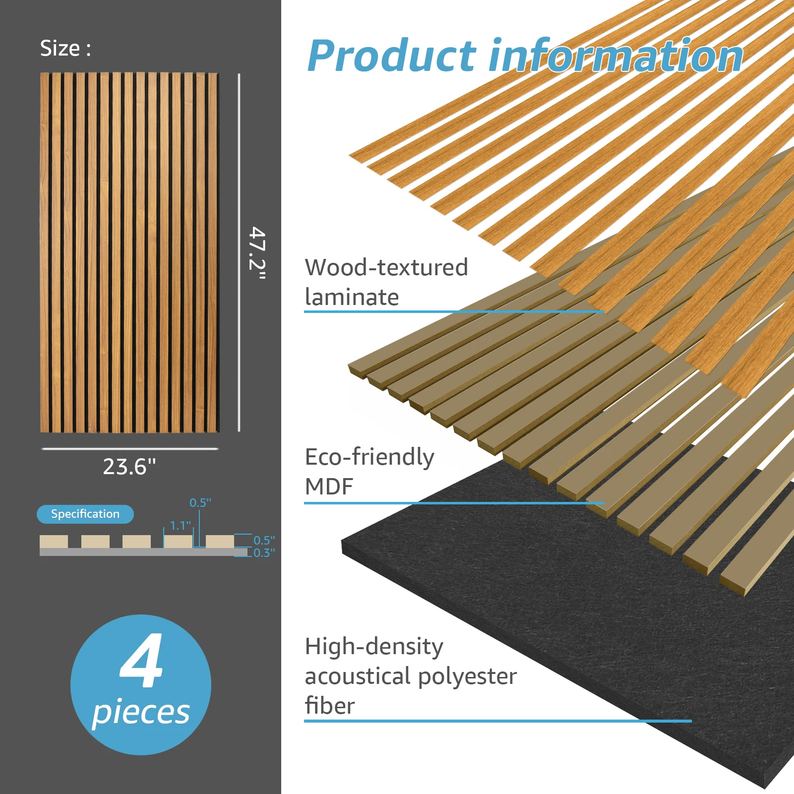 Art3d 4 Wood Slat Acoustic Panels for Wall and Ceiling - 3D Fluted Sound Absorbing Panel with Wood Finish