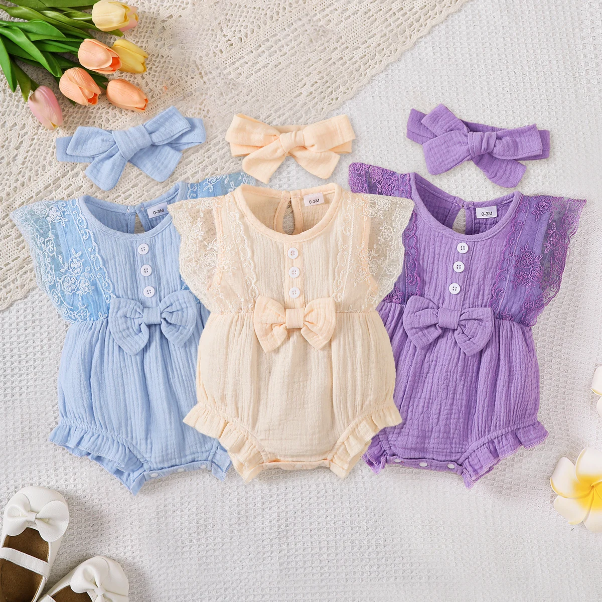 0-18 monate Baby Mädchen Strampler Einfarbig Ärmellose Rundhals Spitze Rand Bogen Romper + Stirnband Baby Mädchen sommer Neue Casual Bodysui