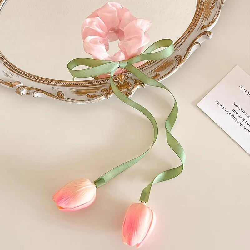 

Sweet Tulip Flower Scrunchie Large Puff Tassel Hair Tie Women Bow Streamer Ponytail Holder Gentle Fashion Accessory Gift