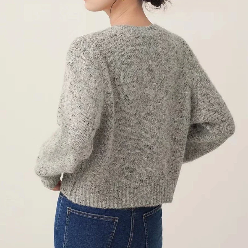 ฤดูใบไม้ร่วงสีเทาถักเสื้อสเวตเตอร์ถักผู้หญิง O-คอยาวแขนยาว Elegant Solid Office เสื้อกันหนาวปุ่มกระเป๋าเสื้อลําลองฤดูหนาว