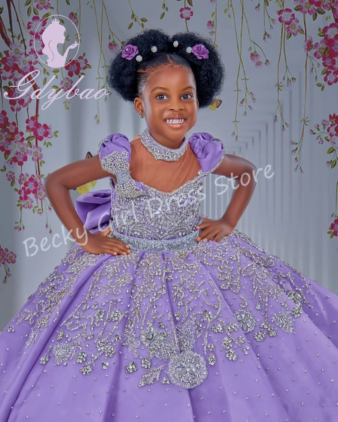 Customized Lavender Flower Girl Dresses For Wedding High Collar Crystal Floor Length Luxury Birthday Party Gift Banquet Gown