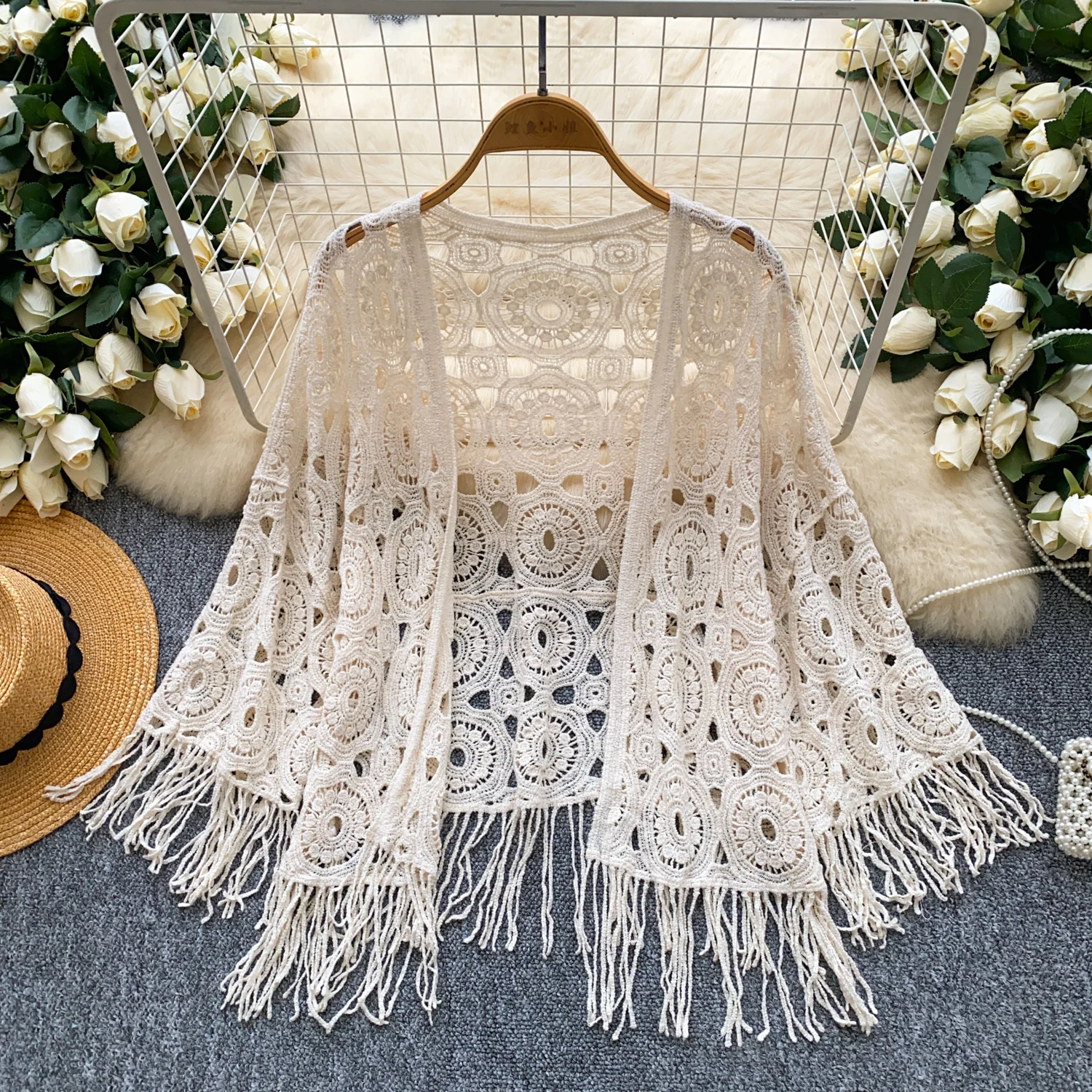 

2025 Spring Autumn Seaside Vacation Knitted Cardigan Women Boho Hollow Hook Flower Beach Cover-up Tassel Loose Sunscreen Jacket
