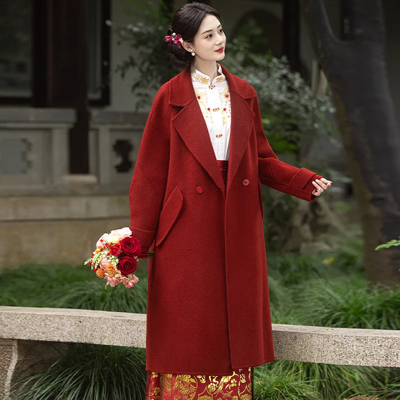 Red Coat 2024 New Wedding Bride Woolen Double-Sided Wool Autumn and Winter High-Grade Daily Wearable