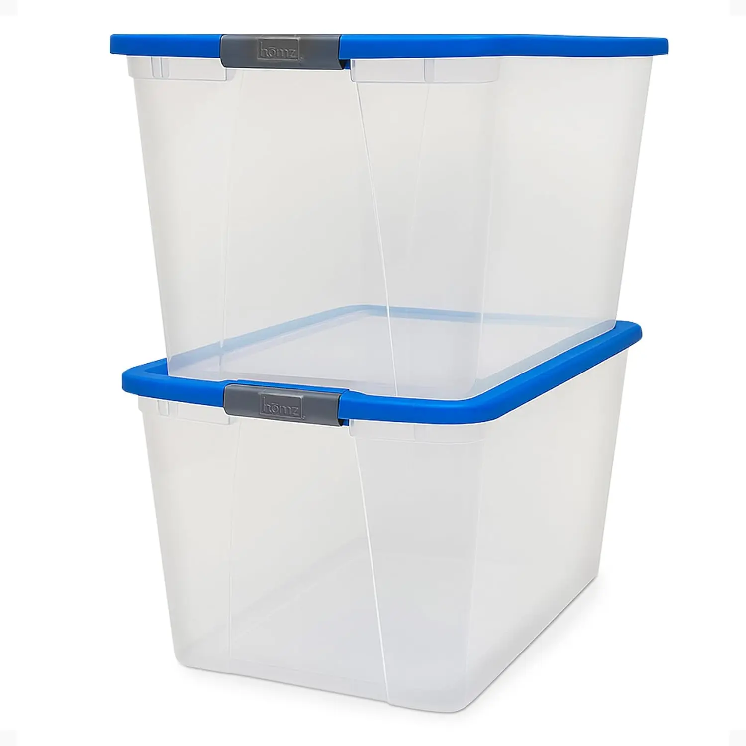 

2-Pack Safety Lock Clear Plastic Storage Boxes, 64 Quart Capacity, Blue Lid - Stackable Storage Boxes