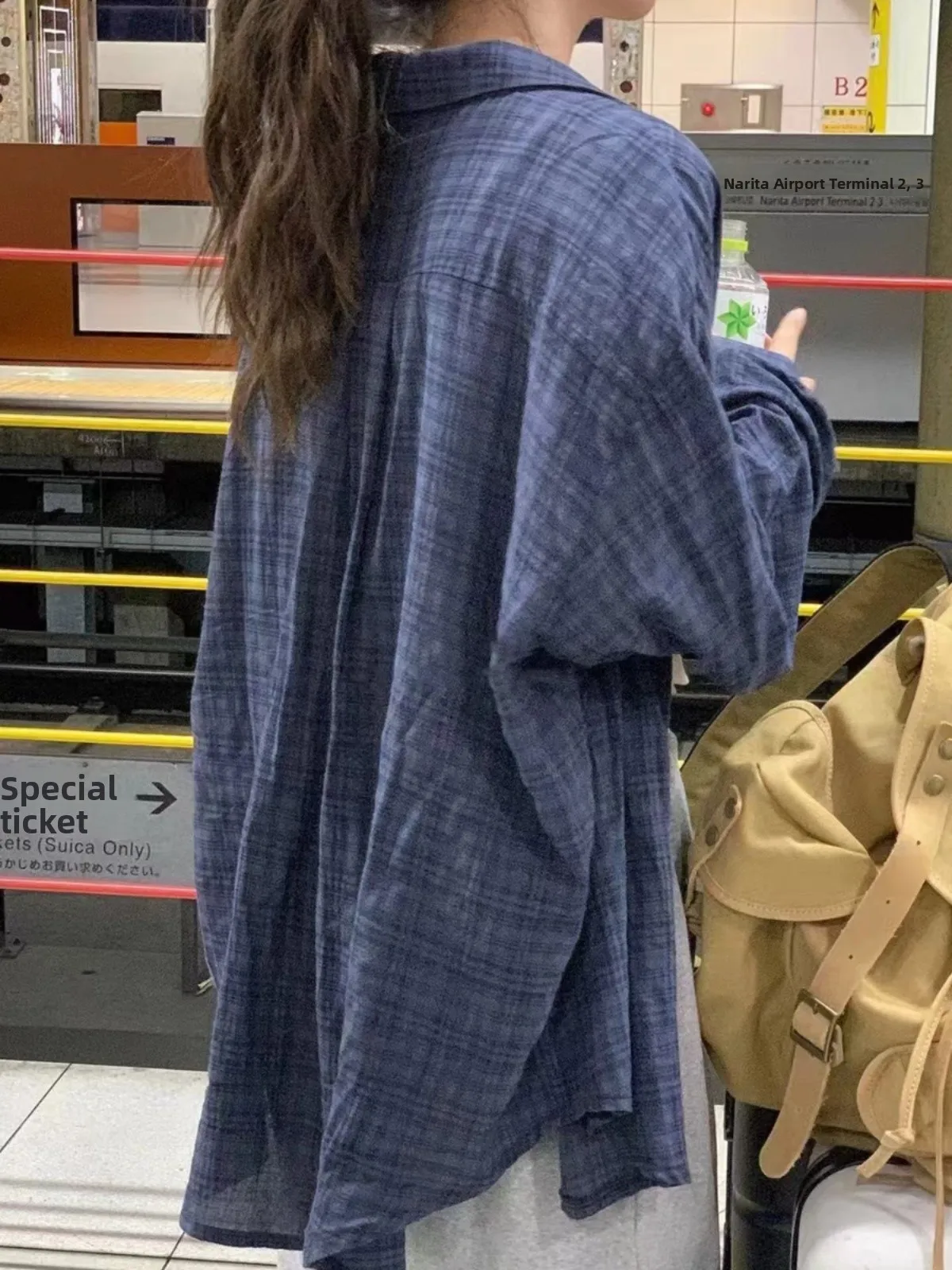 

Retro Japanese Blue Plaid irt Women's Thin Long Sve Loose Design Spring Autumn Outerwear Classic Commute Sle Button Cl...