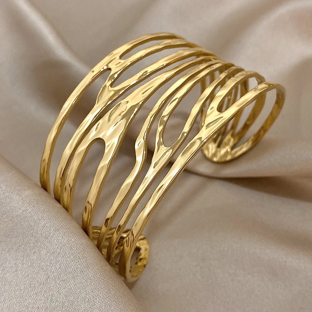 Irregular Geometric Hollow Stainless Steel Cuff Bracelet Exaggerated Gold Silver Color Wide Open Bangles Waterproof Jewelry