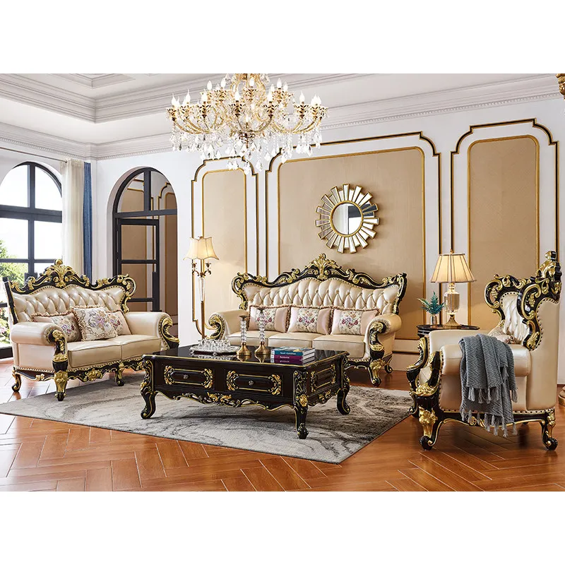 

European Style Leather Sofa Set 123 Luxury Cowhide Solid Wood Movable Customizable Living Room Furniture