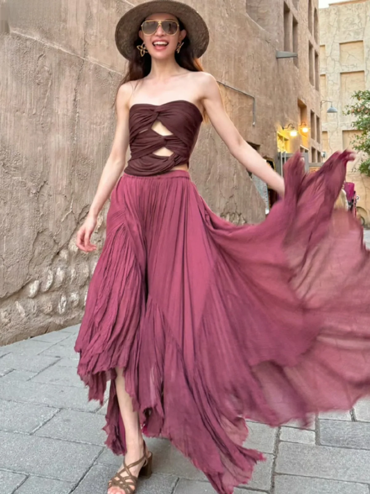 

Chuxi Zhong Berry Color Asymmetrical ter Ne Gown Two-Piece Set Summer Super Fairy Vaion Sle Ele Ensemble