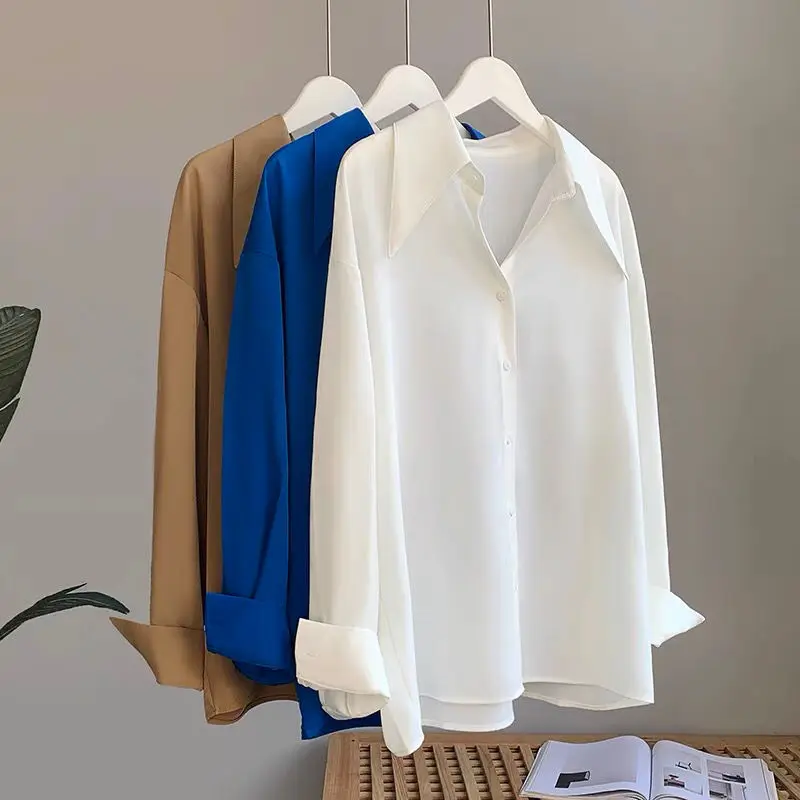 Korean Fashion Simple Office Lady Business Casual Retro Button Up Shirt Elegant Loose Long Sleeve Solid Blouse Top Women Blusas