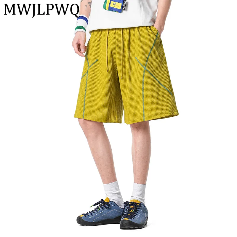 

MWJLPWQ Waffle Knit Drawstring Elastic Waistband Shorts Men's Contrast Color Stitching Design High Street Fashion Pants 15839