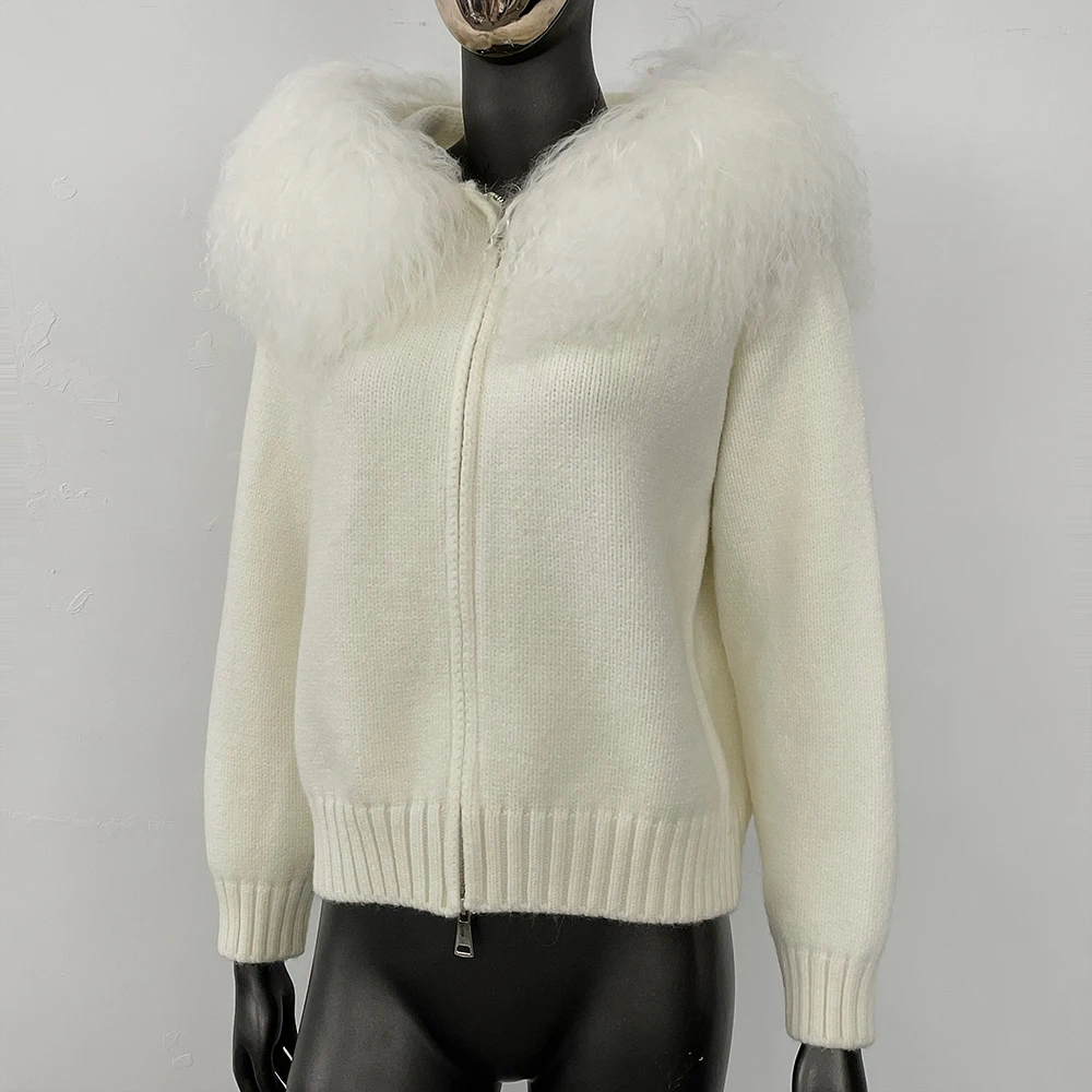 مقنعين الفراء المنغولي الحقيقي تريكو معطف الفرو الحقيقي أزياء المرأة سترة ربيع الخريف الشتاء الدافئة الإناث عارضة محبوك سترة #2