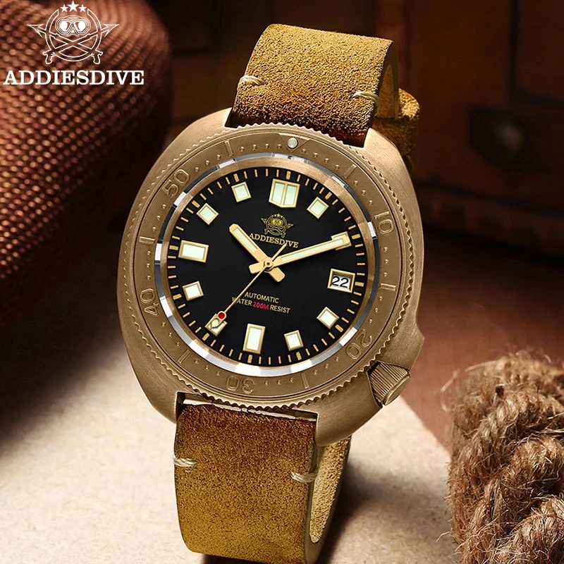 

ADDIESDIVE New Men's Automatic Mechanical Watches Luxurious Bronze Sapphire Leather Strap Men Wristwatch Dive 200m With Luminous