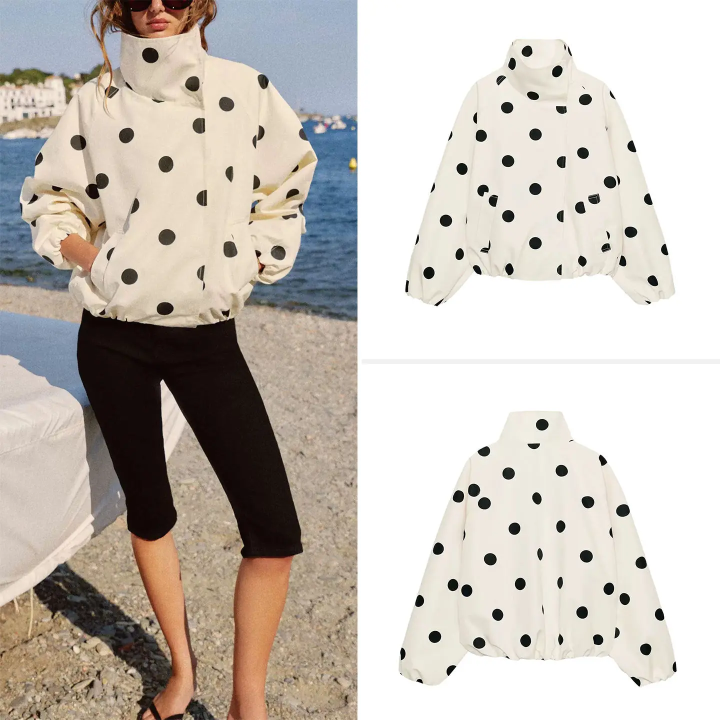 Women's Summer 2026 Plaid Pilot Jacket Long Sleeve Stand Collar Polka Dot Outerwear Standard Fit European Style Zadata Brand