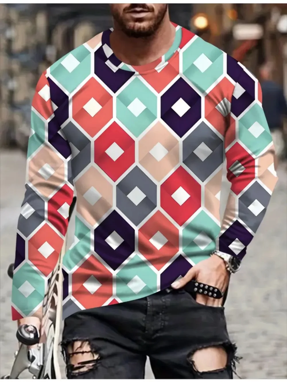 T Shirts for Man Geometric Block 3D Print Autumn Long Sleeve T