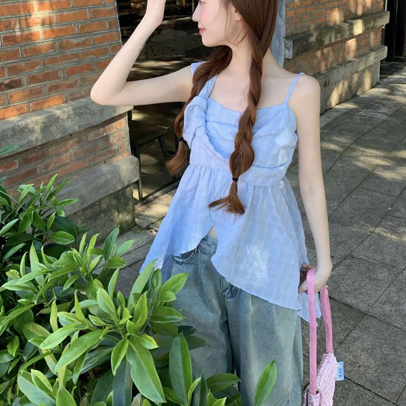 Plaid Shirts and Blouses Korea Irregular Fashion Woman Blouse 2024 Sleeveless Ladies Top Female O-neck Spaghetti Strap Clothes