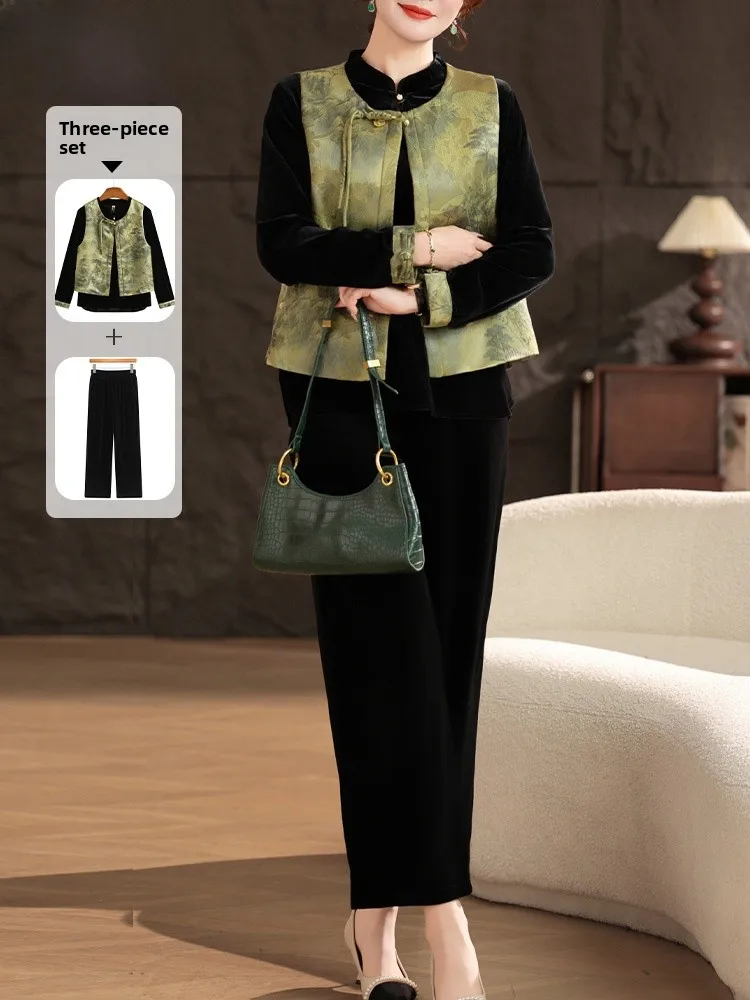 

New Chinese Sle Gold Velvet Set Women's Faion Spring Autumn Top Bot Traditional National Sle Loose Fit Tee Piece Set