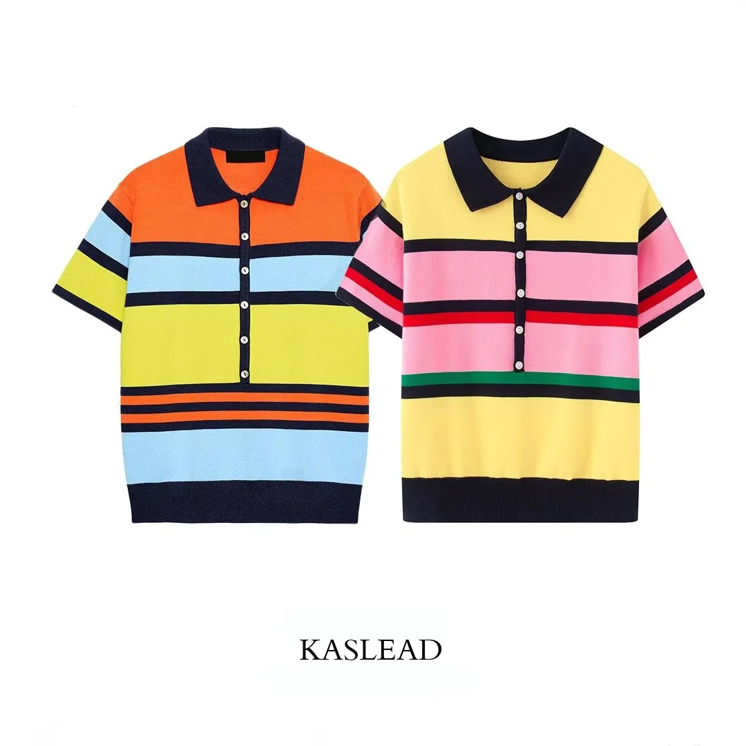 KASLEAD New Women's Fashionable Striped Color Block Knitted Shirt Top Loose Fit Short Sleeve Polyester Fiber Casual Wear