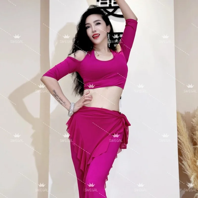 Costumes de danse du ventre personnalisés, vêtements d'entraînement, modal, épaules dénudées, haut à col suspendu, pantalons légèrement évasés, vêtements de danse