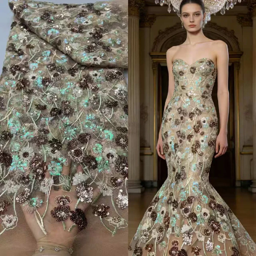 

2026 African Sequins beads lace fabric high quality nigerian french sequins lace fabric for wedding dress