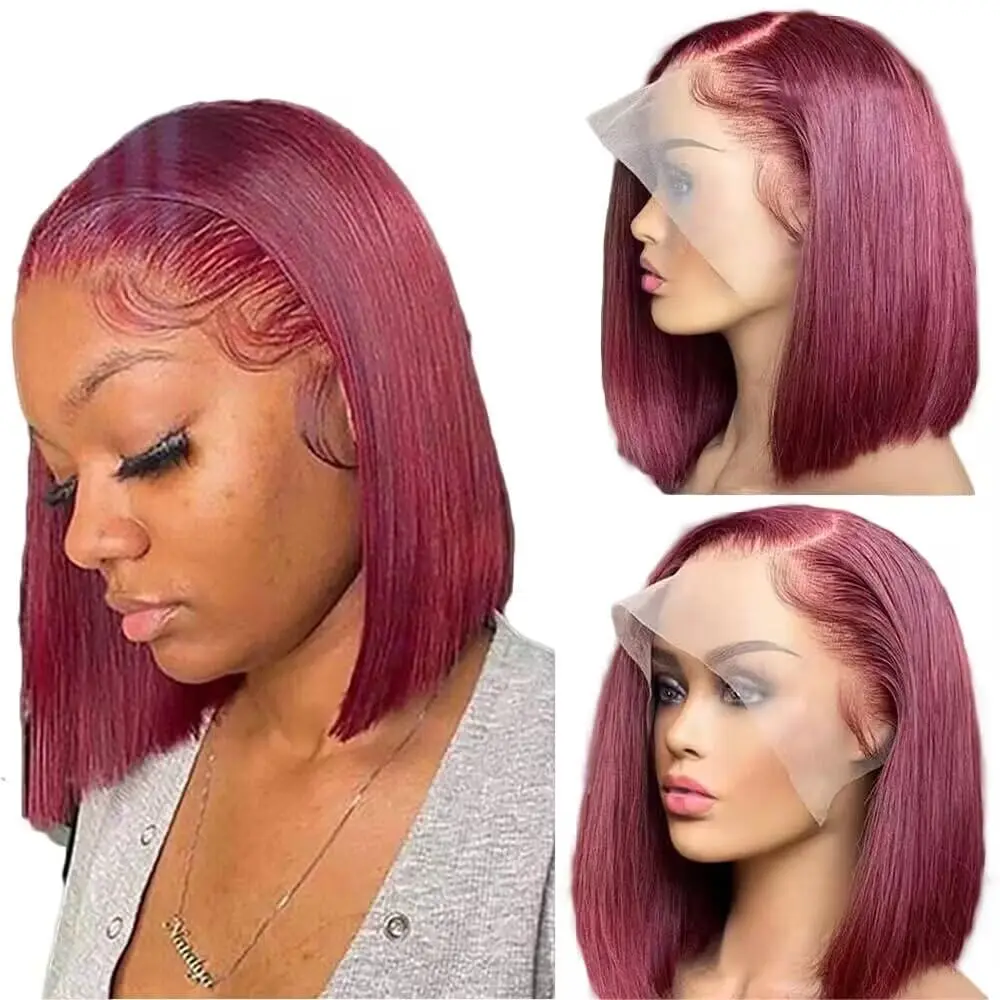 

Mongolian 99J Straight Bob Wigs For Women 13x4 Transparent Lace Frontal 100% Human Hair PrePlucked 6x4 Glueless Pre Cut Lace Wig