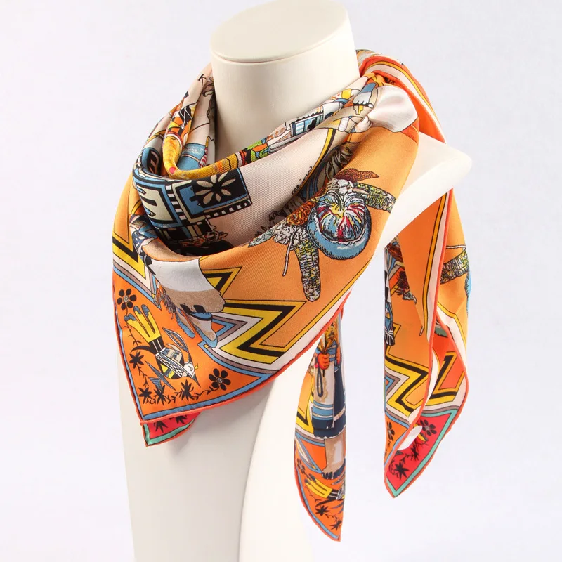 90×90cm 100% Mulberry Silk Twill Scarf For Women Luxury Brand Print Double Sides With Different Design Square Size Shawls Autumn