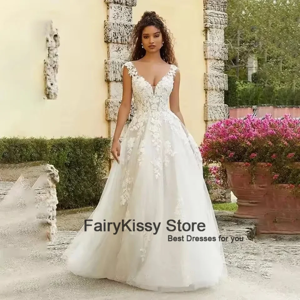 FairyKissy مثير الخامس الرقبة الدانتيل يزين فستان الزفاف طول الأرض تول زي العرائس طويل الأميرة فساتين زفاف vestido novia