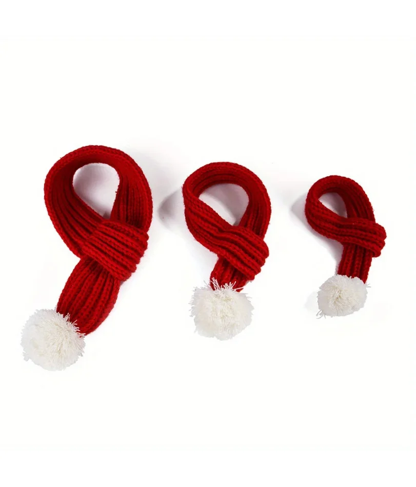

1Pcs Dog Knitted Scarf Red Knit Scarves With Pompom Neck Warmer Bandana Christmas Festival Party Pet Puppy Cat Decor Accessories