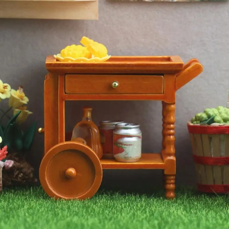 

1:12 Miniature Doll House Furniture Wooden Restaurant Cart Model With Movable And Drawer For Scene Display A2UB