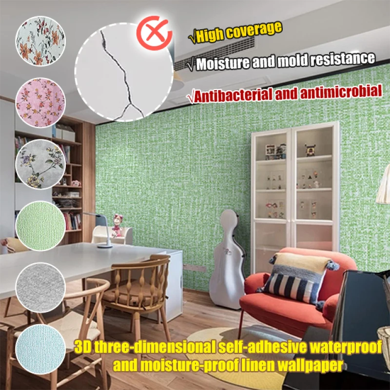 Linen wallpaper self-adhesive waterproof mildewproof wallpaper 3d wallpaper bedroom warm renovation wall stickers